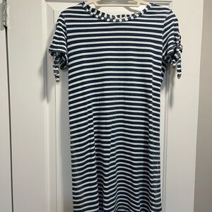 Navy and White Striped Dress with Tie Sleeves